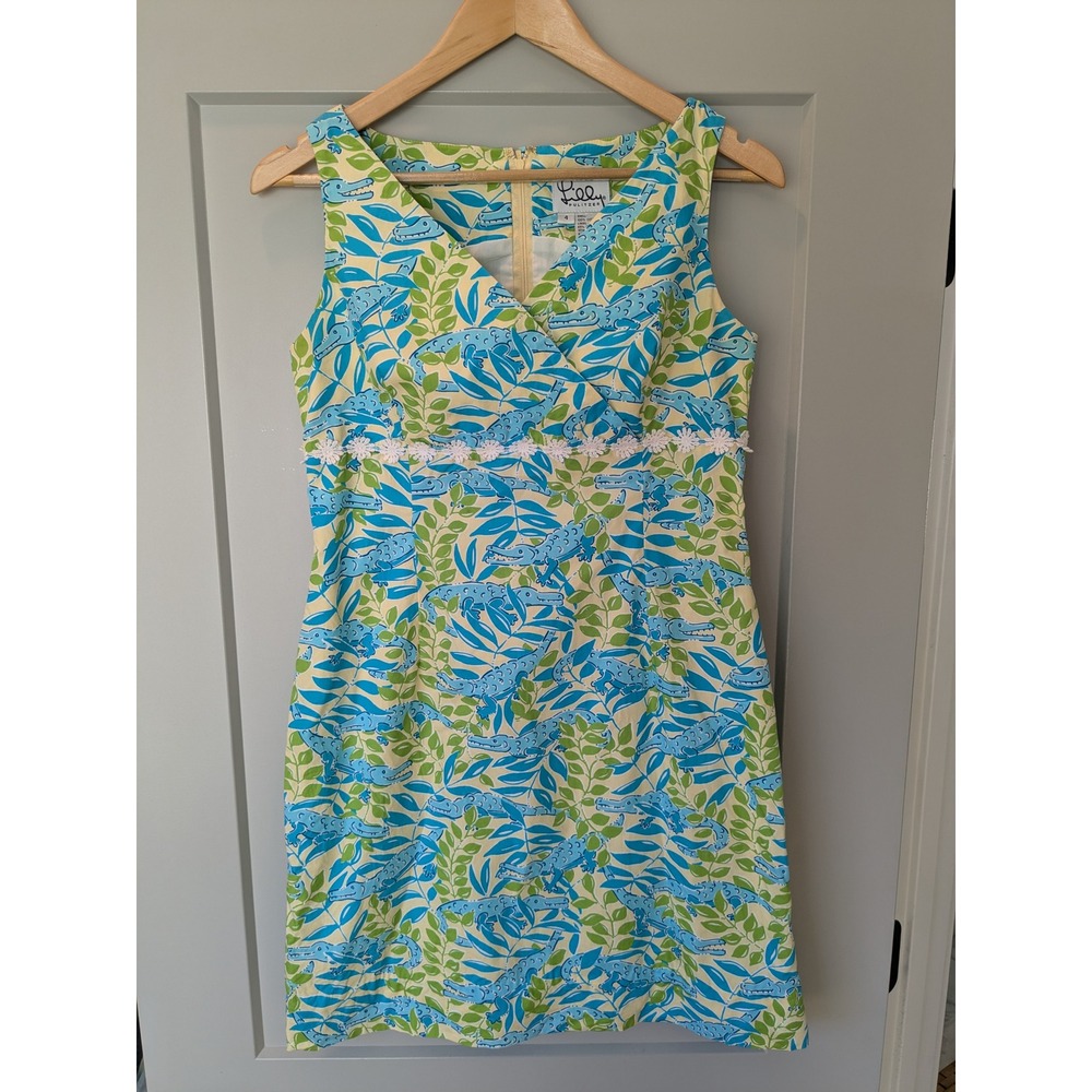 Lilly Pulitzer Sleeveless Leaf Print Dress in Blue and Lime
